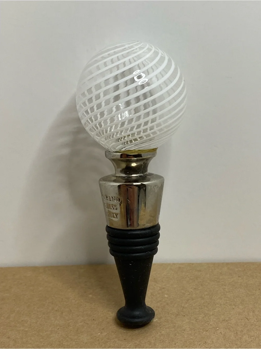 Murano Art Glass Bottle Stopper White Spiral Swirl Made In Italy Wine Decanter